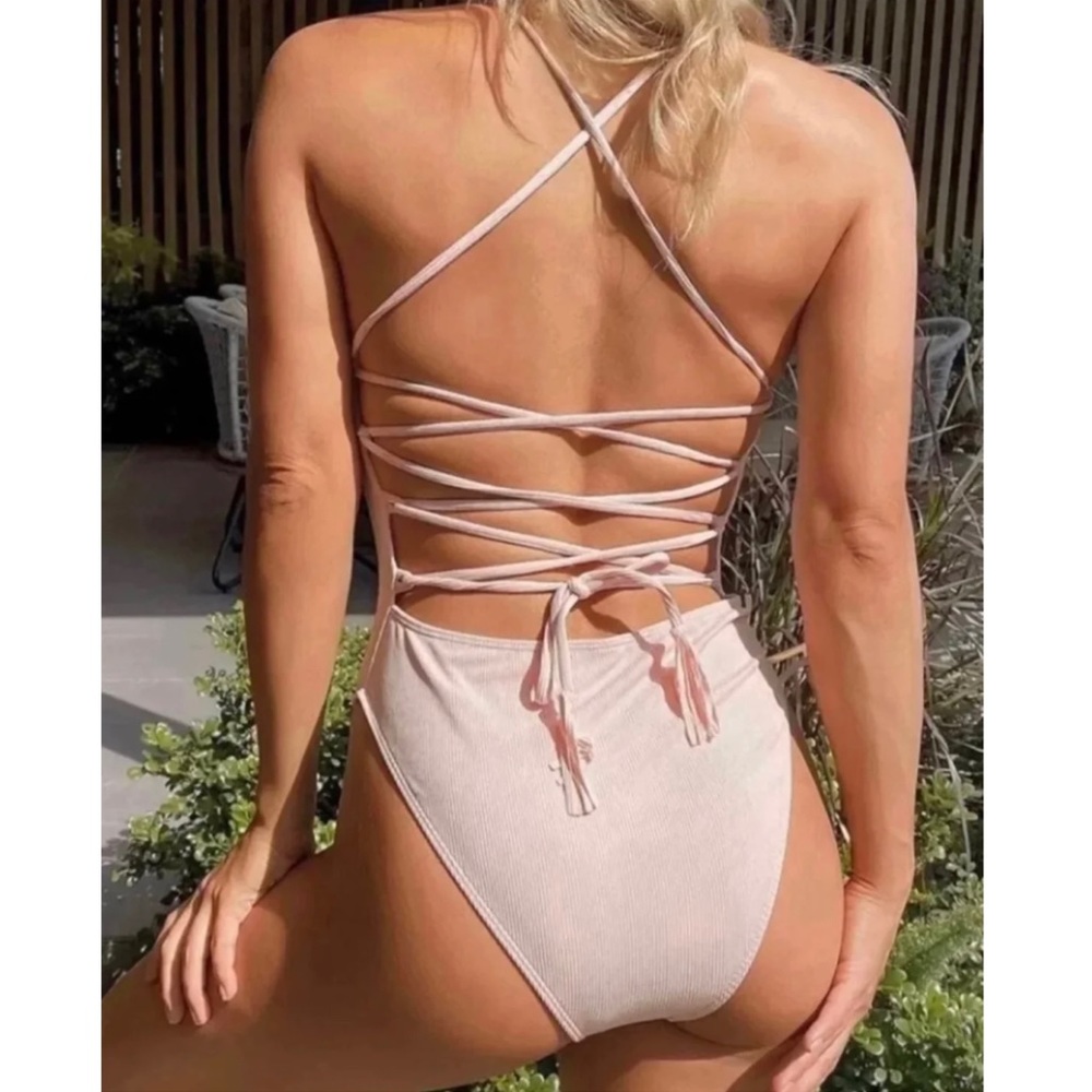 Shein One Piece Lace Pink Swimsuit